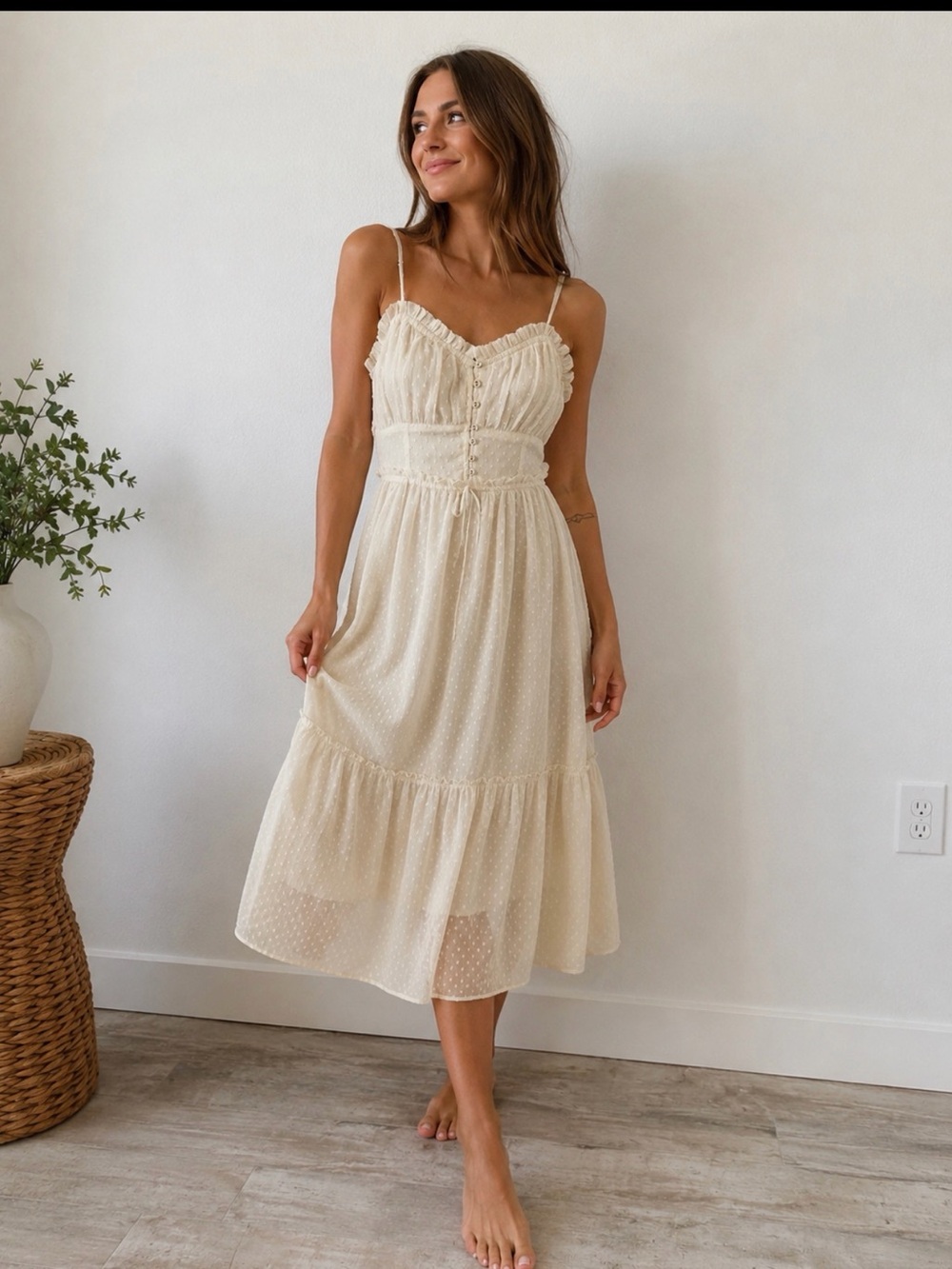 Light Cream Midi Dress with Spaghetti Straps